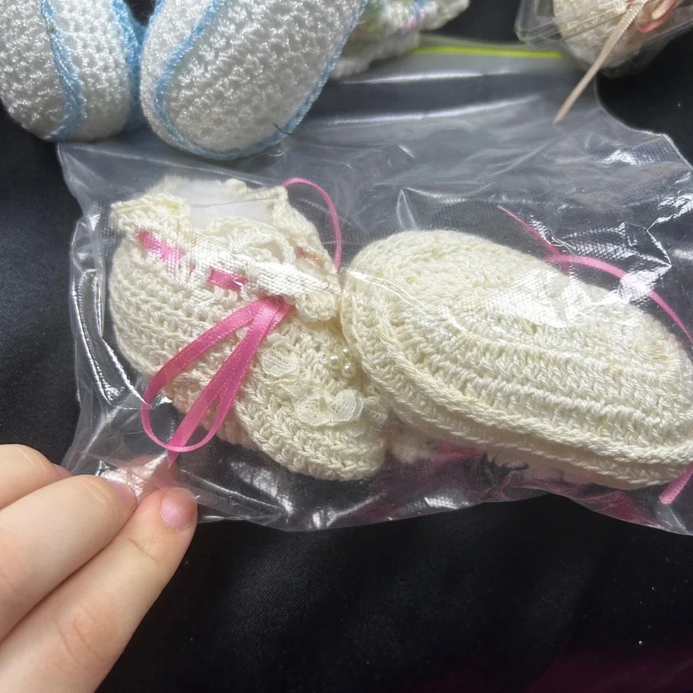 Vintage Handmade Crochet Knit Baby Booties Bundle Blue White Pink Pom Pom Ribbon